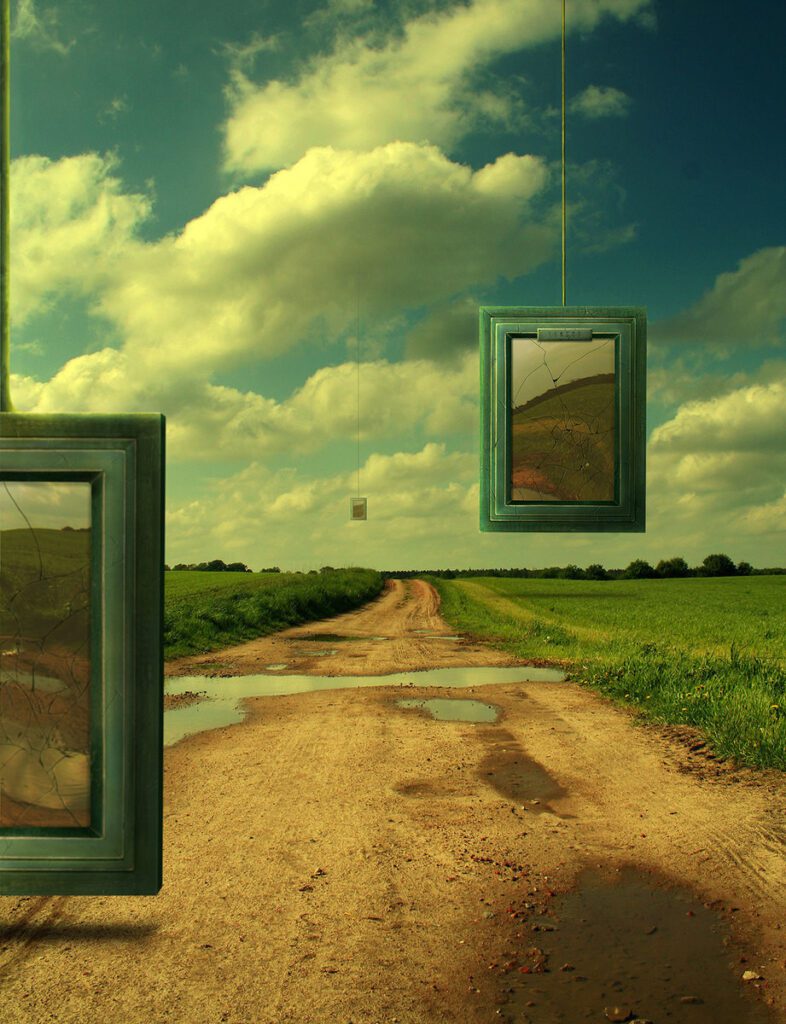 Surreal illustration of paintings hanging from the sky in a dirt road with puddles, surrounded by fields. Made by Jeff Huang.