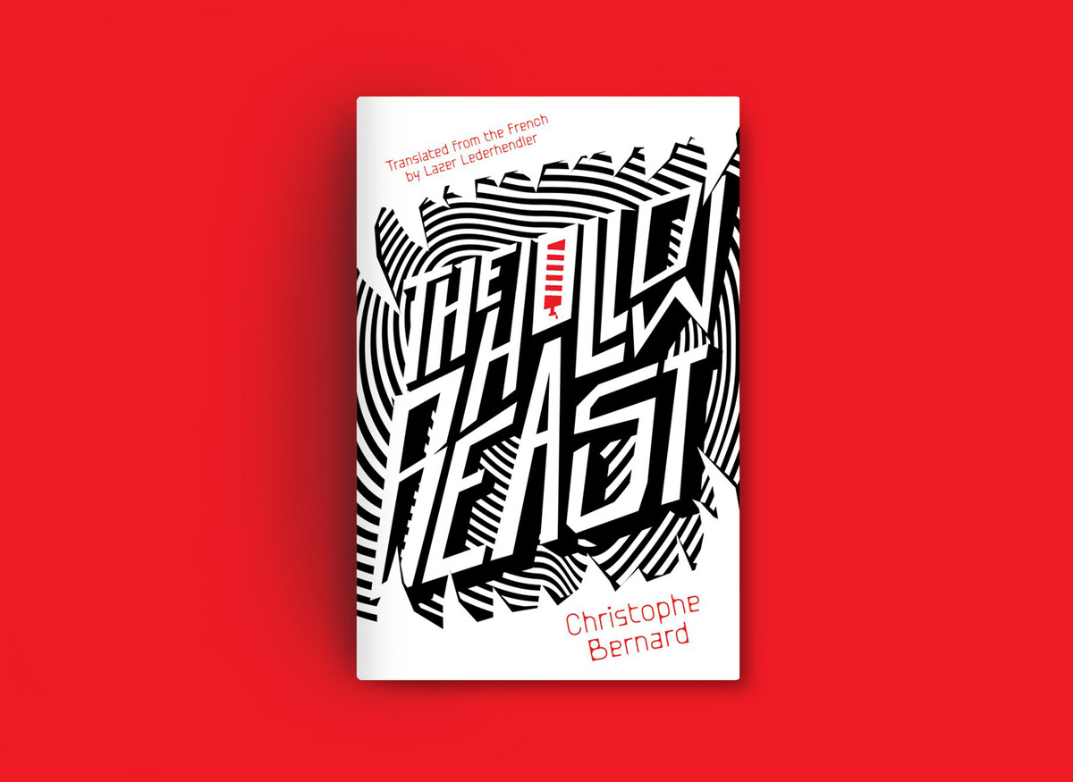 Illustrated book cover for The Hollow Beast. Created by Jason Arias, this cover foregrounds blocky typography against a maze-like illustration resembling a human fingerprint.