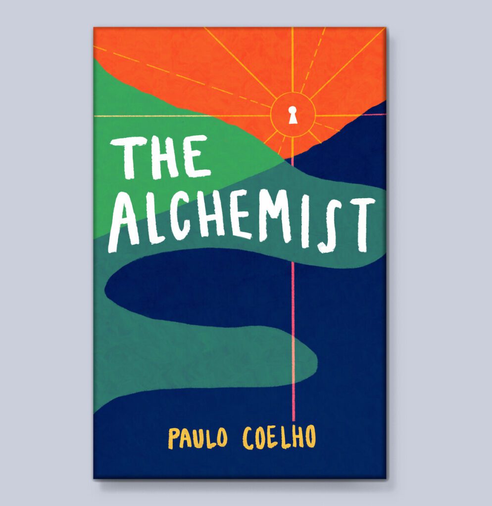 Minimalist, hand-drawn illustrated cover by Tess Lockey, for Paulo Coelho's 'The Alchemist'. The shapes are abstract, but there is a keyhole emanating light next to the title.