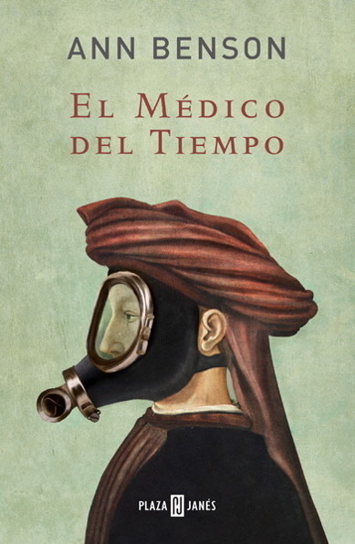 Sci fi illustration for Ann Benson's El Medico del Tiempo, showing a side profile of a man from the plague-ridden 16th century wearing a modern-day gas mask. Historical sci-fi illustration by Xavier Comas.