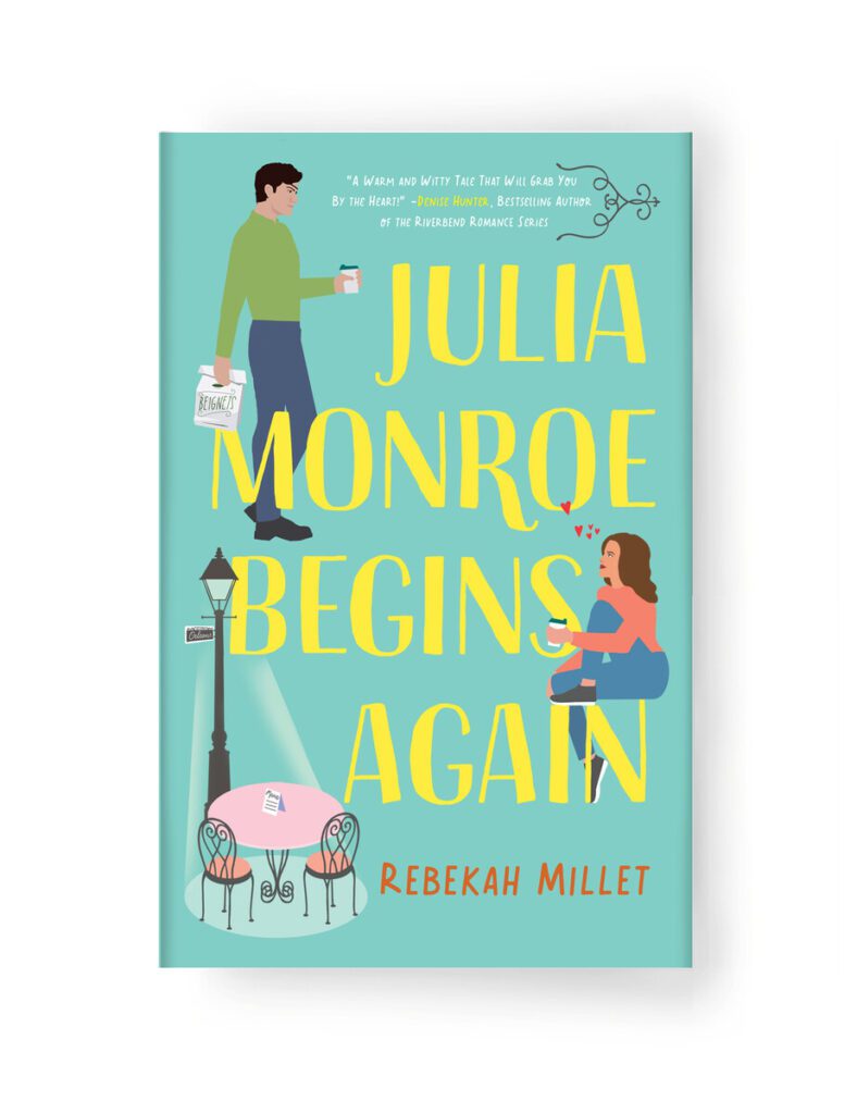 Cover design and illustration by Mary Ann Smith, for Rebekah Millet's 'Julia Monroe Begins Again'. The cover shows two empty chairs and a pink table, a man walking with a coffee in hand, and a woman sitting down.