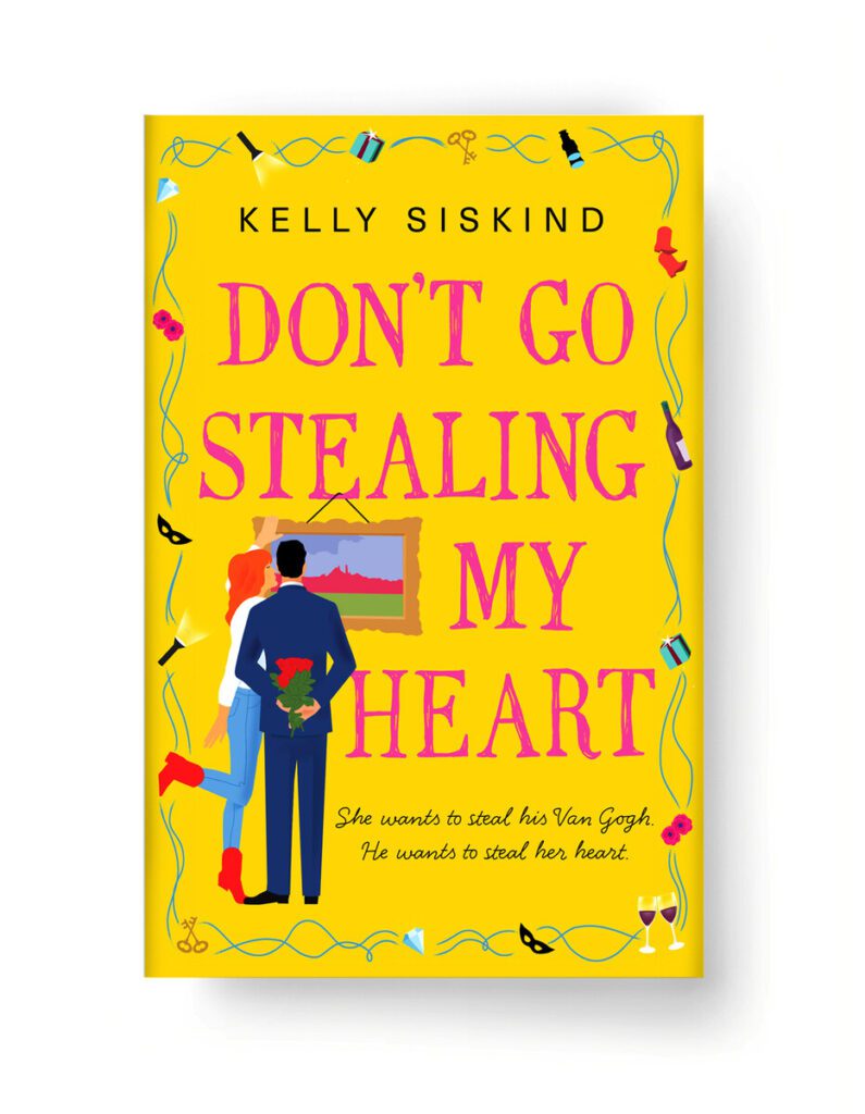 Cover design and illustration of a couple looking at a painting by Mary Ann Smith, for "Don't Go Stealing My Heart" by Kelly Siskind.