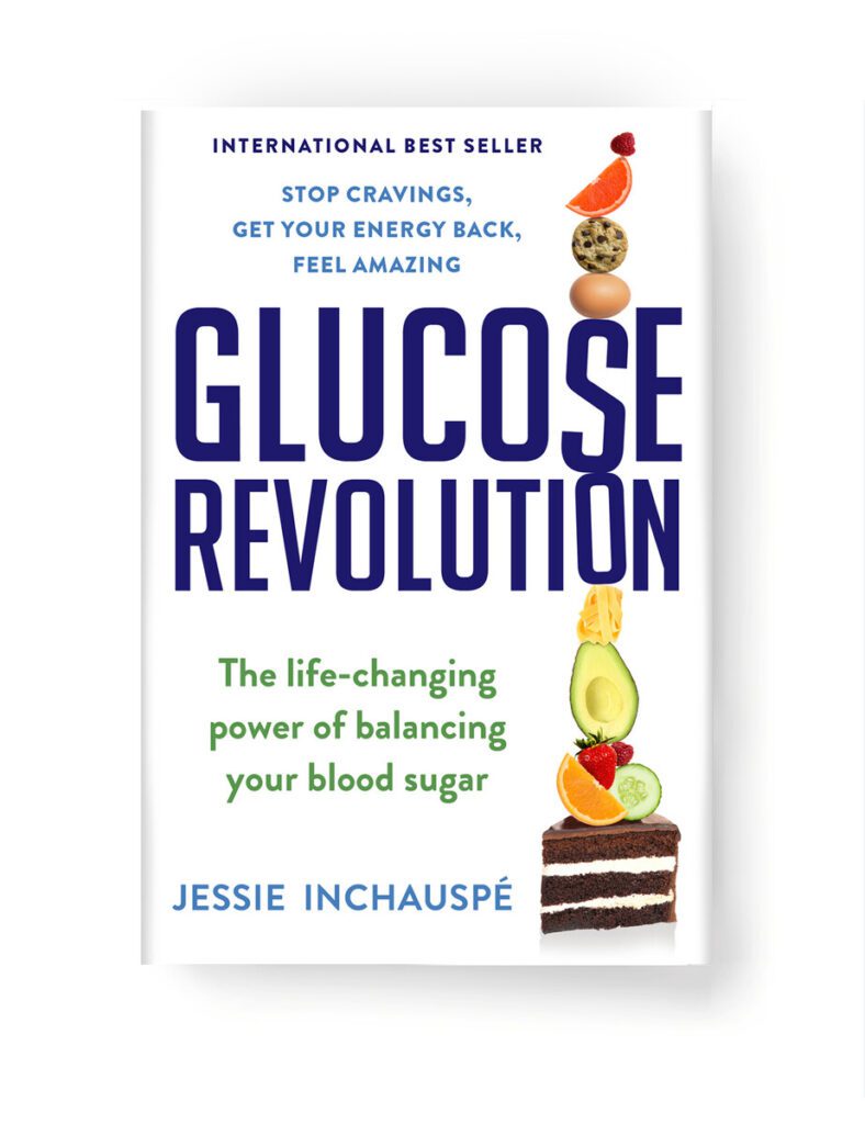 Cover design with an illustration of fruit and veg balanced on a piece of cake for Jessie Inchauspé's 'Glucose Revolution'. Created by NYC illustrator Mary Ann Smith.