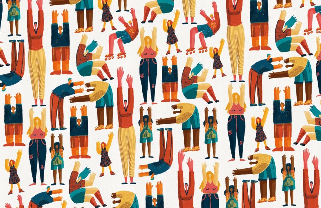 People of all shapes, sizes, and colors stretching this way and that, resulting in a funky motif. Illustrated by Tess Lockey.
