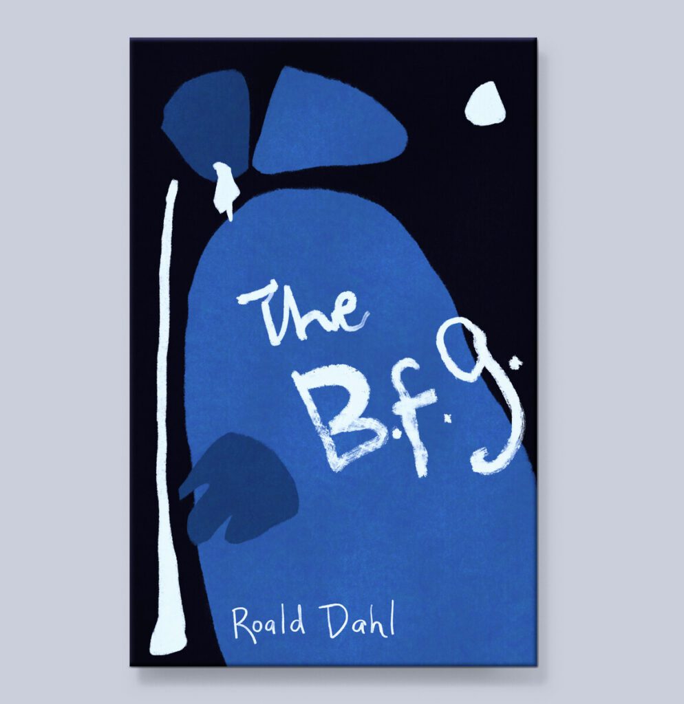 Abstract illustrated cover for Roald Dahl's The B.F.G., made by Tess Lockey. The design consists of abstract blue, white and black shapes.