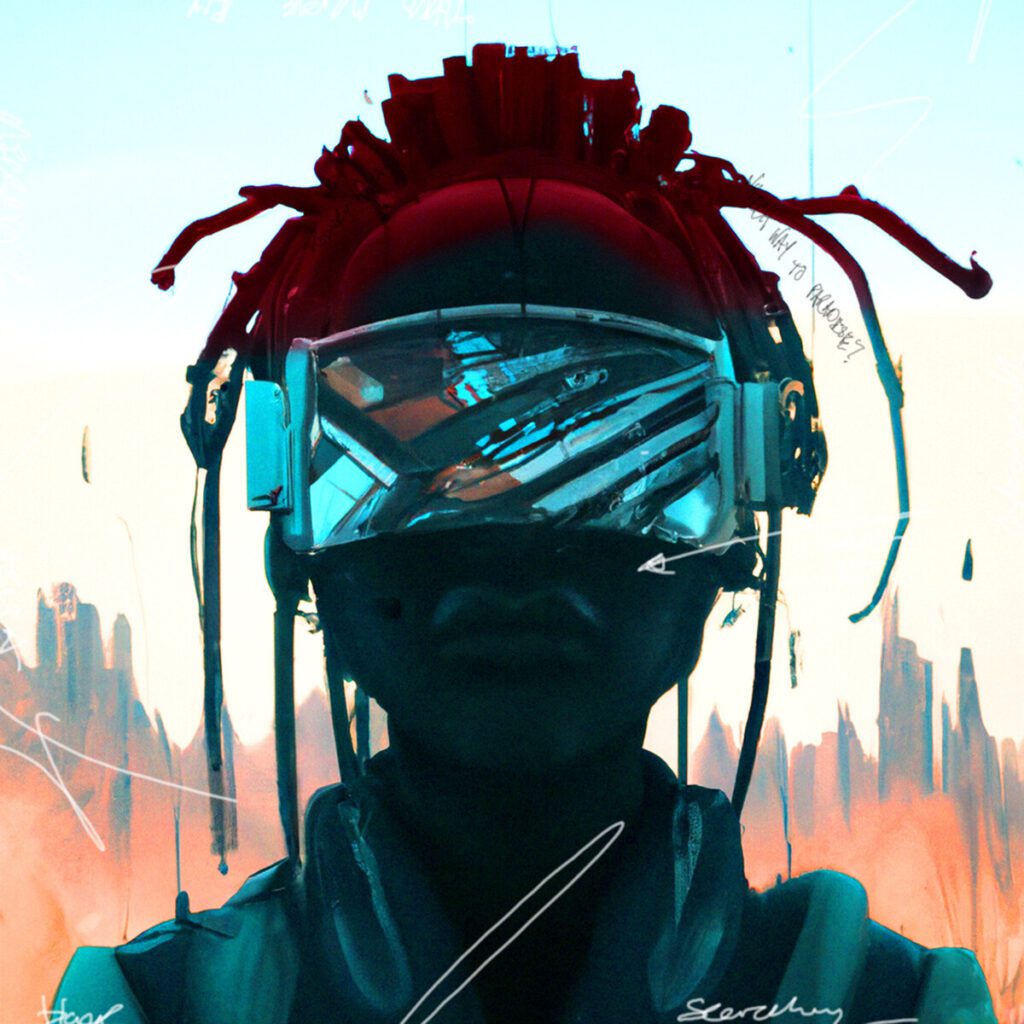 Illustration of a dark silhouette with dreadlocks against a brightly colored, desert-like background. The person is wearing large, reflective glasses colored light blue. Illustration by Rodney Hazard.