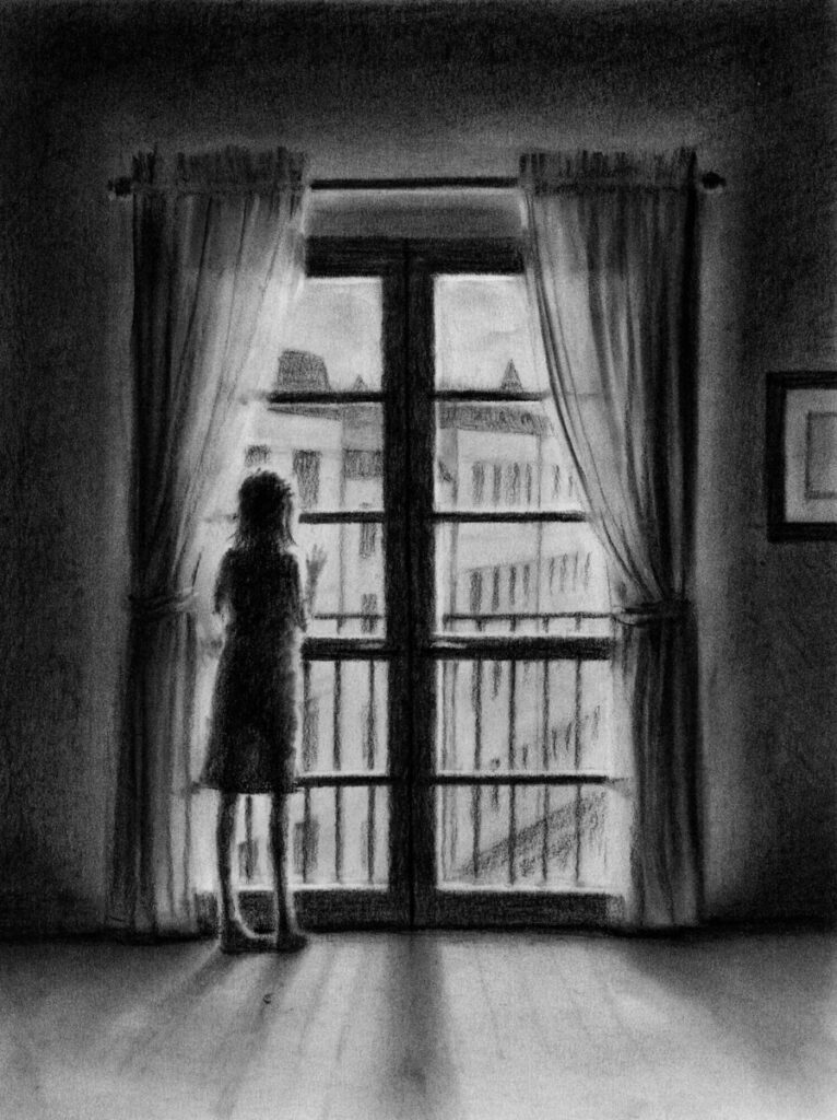Illustration by Maki Yamaguchi in black and white, showing a woman or young girl's silhouette looking out of a window onto a city street. 