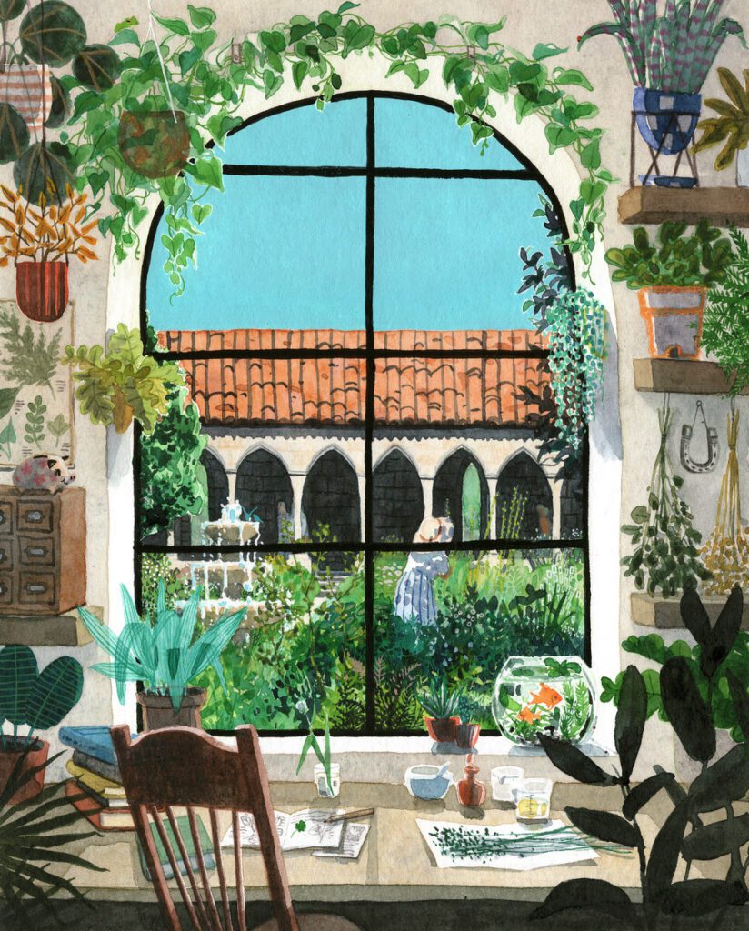 Illustration of an artist's workspace, showing a chair and desk in front of a window. The window looks out to a courtyard of greenery and arches.