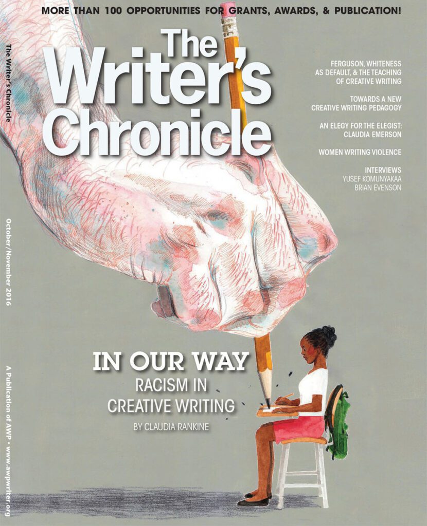 Cover of The Writer's Chronicle magazine, illustrated by NYC-based illustrator Maki Yamaguchi. The drawing shoes a writer sitting down with a notebook open on her lap, and a huge hand descending from above to write in it.