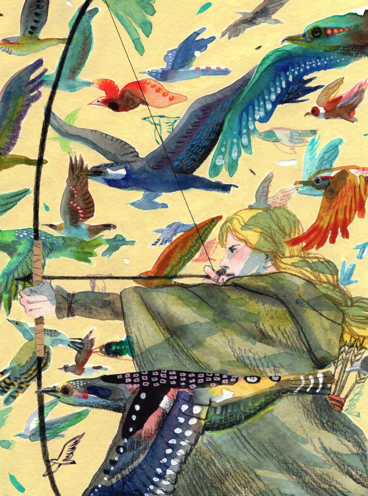 Illustration by Maki Yamaguchi of a blonde archer taking aim, surrounded by a flurry of birds of all sizes and colors.