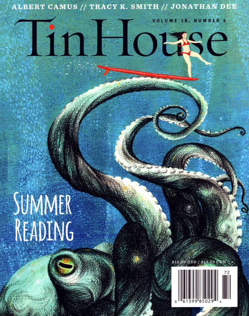 Magazine cover art by Maki Yamaguchi for Tin House, showing an humongous octopus's curling tentacles and a tiny female figure in a red bikini balancing on a surfboard on the top tentacle.